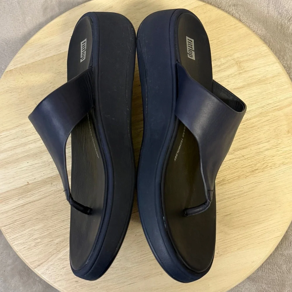 FitFlop Lulu Navy Leather Wedge Sandals Thong Platform FW4-399 Womens 9